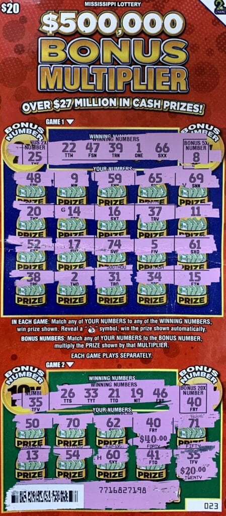 A Laurel woman won $1,000 on a $20 $500,000 Bonus Multiplier scratch-off game purchased from Rapad Express 740 on S. 16th Ave., Laurel.