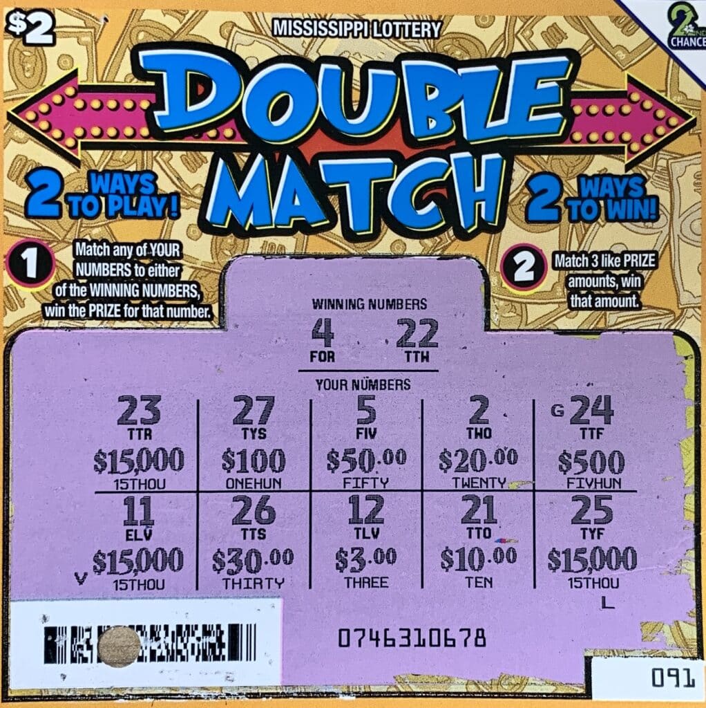 A Tupelo man won $15,000 on a $2 Double Match scratch-off game purchased from Marathon Fast Stop on W. Main St., Tupelo.